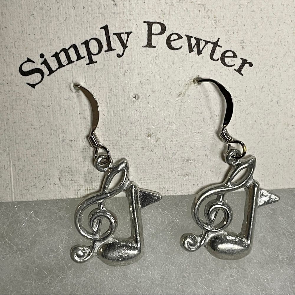Simply Pewter Music earrings- treble clef & 8th note. Beautiful polished pewter